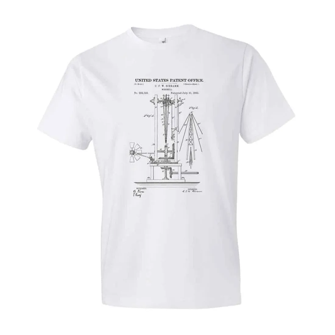 1883 Windmill Patent T-Shirt - Patent Shirt, Vintage Equipment, Antique Windmill, Wind Energy Patent, Green t-shirt, old patent t-shirt