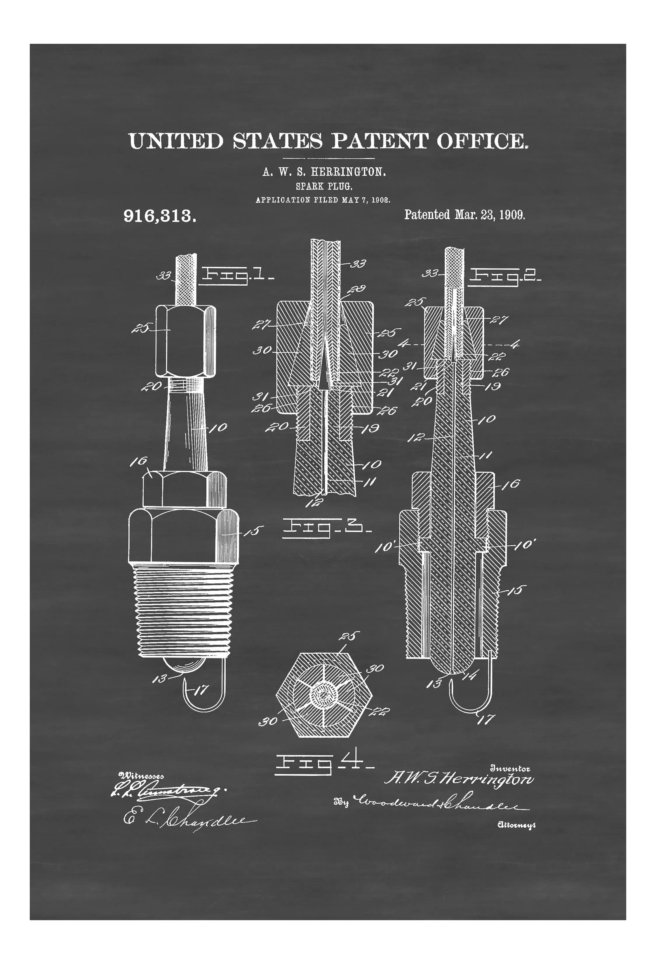 1909 Spark Plug Patent - Patent Print, Wall Decor, Automobile Decor, Automobile Art, Spark Plug Poster, Garage Decor, Patent Poster