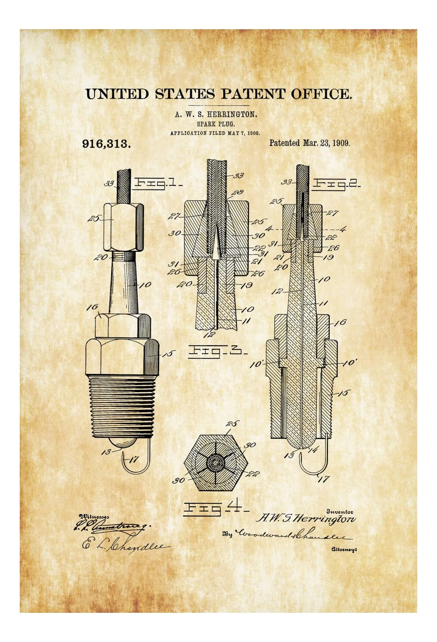 1909 Spark Plug Patent - Patent Print, Wall Decor, Automobile Decor, Automobile Art, Spark Plug Poster, Garage Decor, Patent Poster