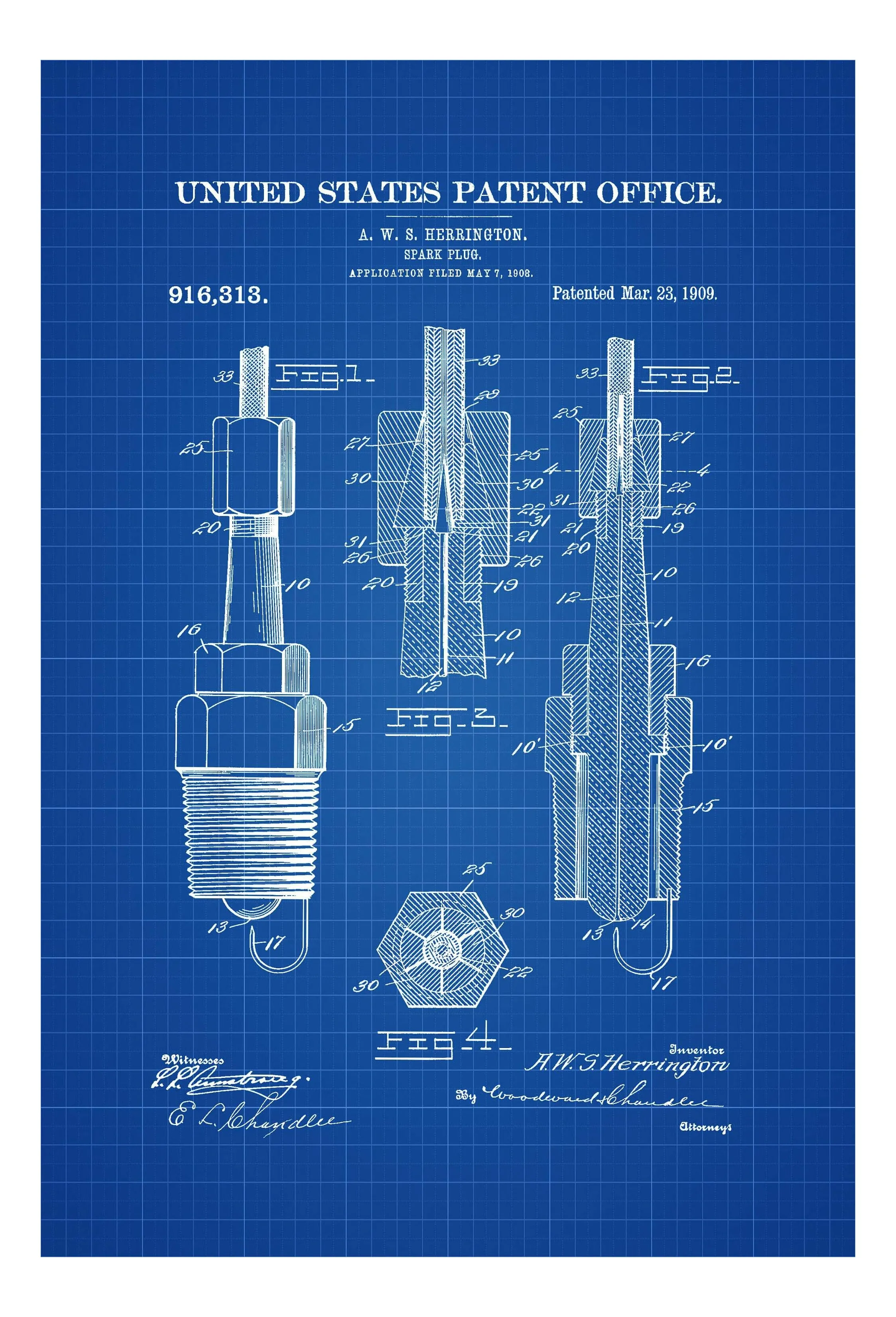 1909 Spark Plug Patent - Patent Print, Wall Decor, Automobile Decor, Automobile Art, Spark Plug Poster, Garage Decor, Patent Poster