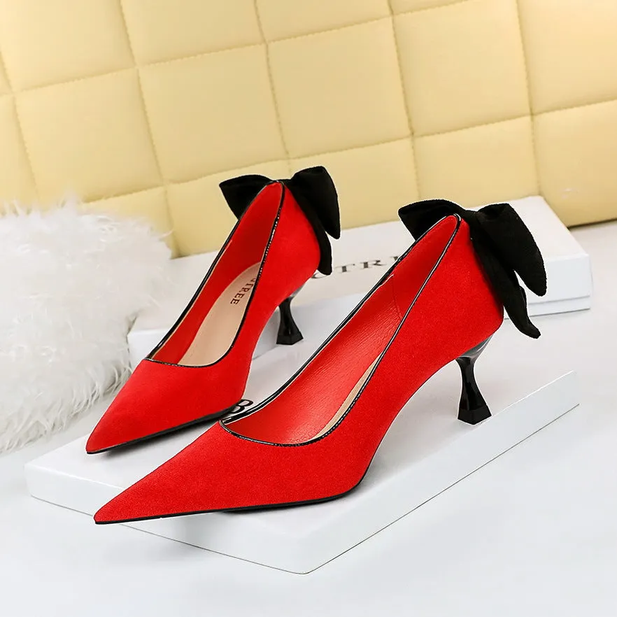 2025 17175-2 Korean version of sexy and thin high heels women's shoes thin heels high heels suede light mouth pointed bow single shoes