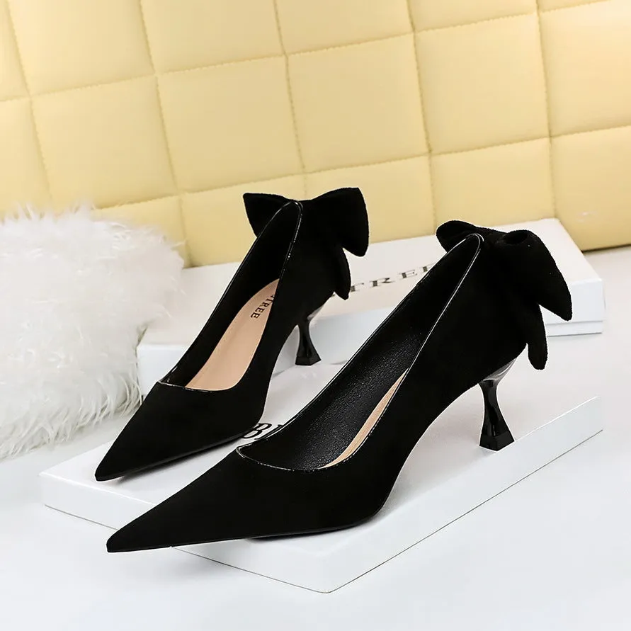 2025 17175-2 Korean version of sexy and thin high heels women's shoes thin heels high heels suede light mouth pointed bow single shoes