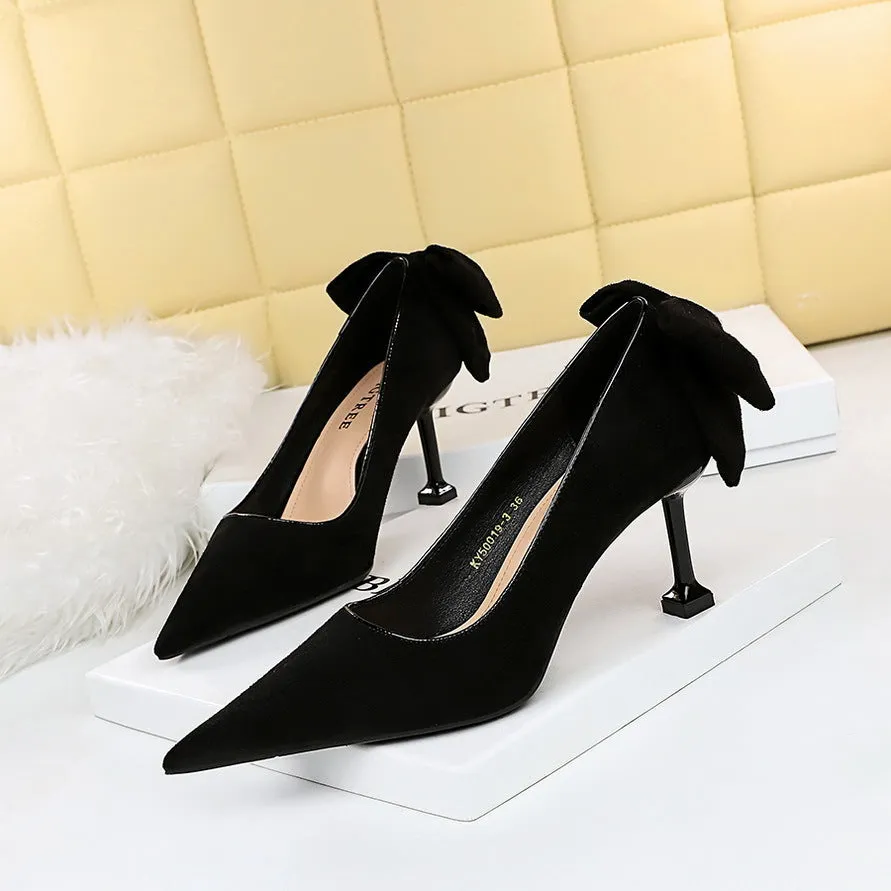 2025 17175-2 Korean version of sexy and thin high heels women's shoes thin heels high heels suede light mouth pointed bow single shoes