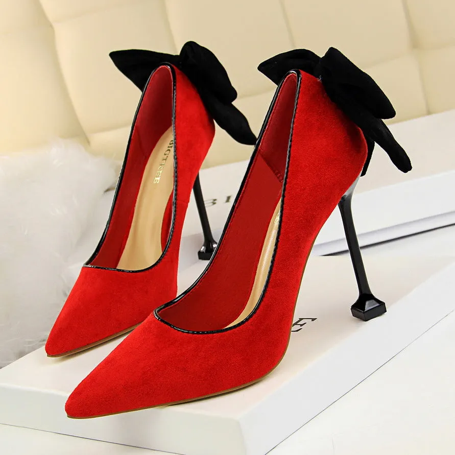2025 17175-2 Korean version of sexy and thin high heels women's shoes thin heels high heels suede light mouth pointed bow single shoes