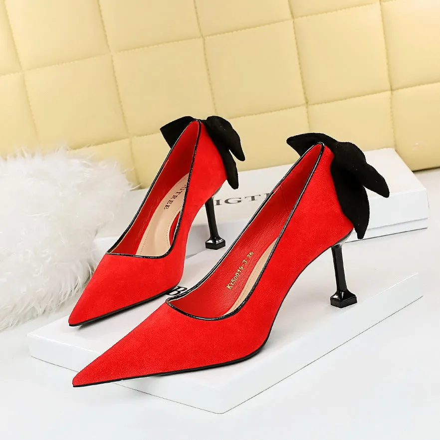 2025 17175-2 Korean version of sexy and thin high heels women's shoes thin heels high heels suede light mouth pointed bow single shoes