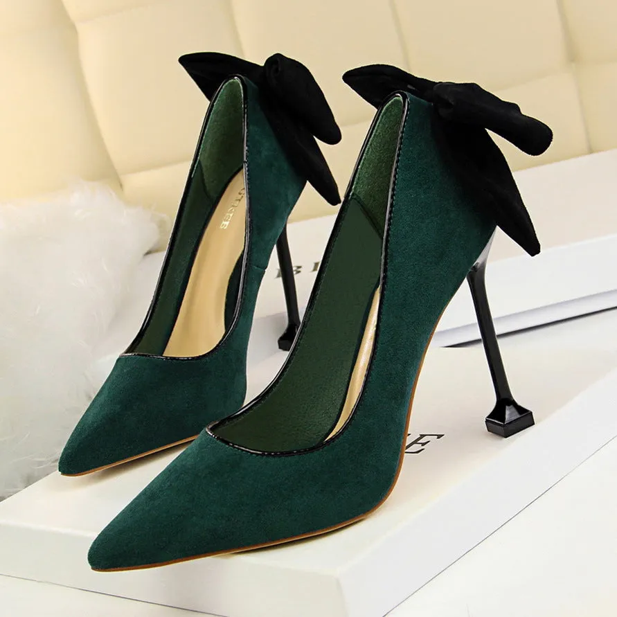 2025 17175-2 Korean version of sexy and thin high heels women's shoes thin heels high heels suede light mouth pointed bow single shoes