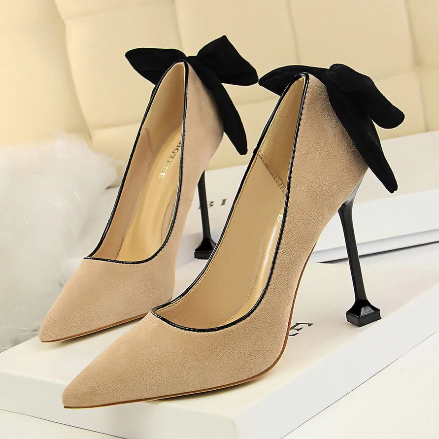 2025 17175-2 Korean version of sexy and thin high heels women's shoes thin heels high heels suede light mouth pointed bow single shoes