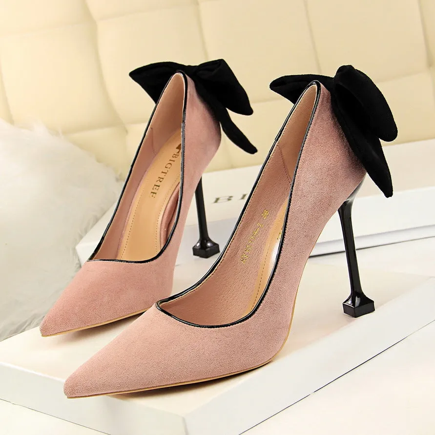 2025 17175-2 Korean version of sexy and thin high heels women's shoes thin heels high heels suede light mouth pointed bow single shoes