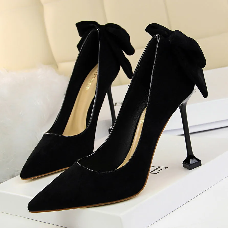 2025 17175-2 Korean version of sexy and thin high heels women's shoes thin heels high heels suede light mouth pointed bow single shoes