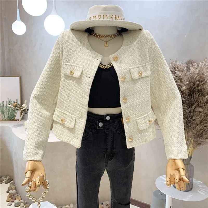 Autumn Winter Small Fragrant Tweed Jacket Coat Women Vintage Woolen Short Coats Streetwear Elegant Casual Slim Outwear Crop Top