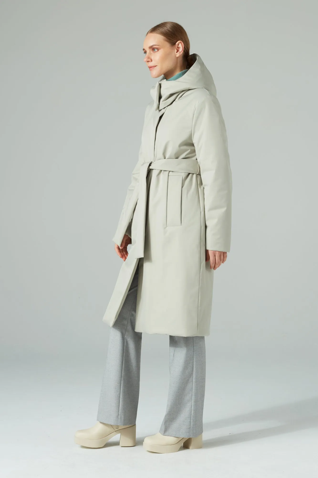 BELTED LONGLINE PADDED COAT WITH A HOOD STONE