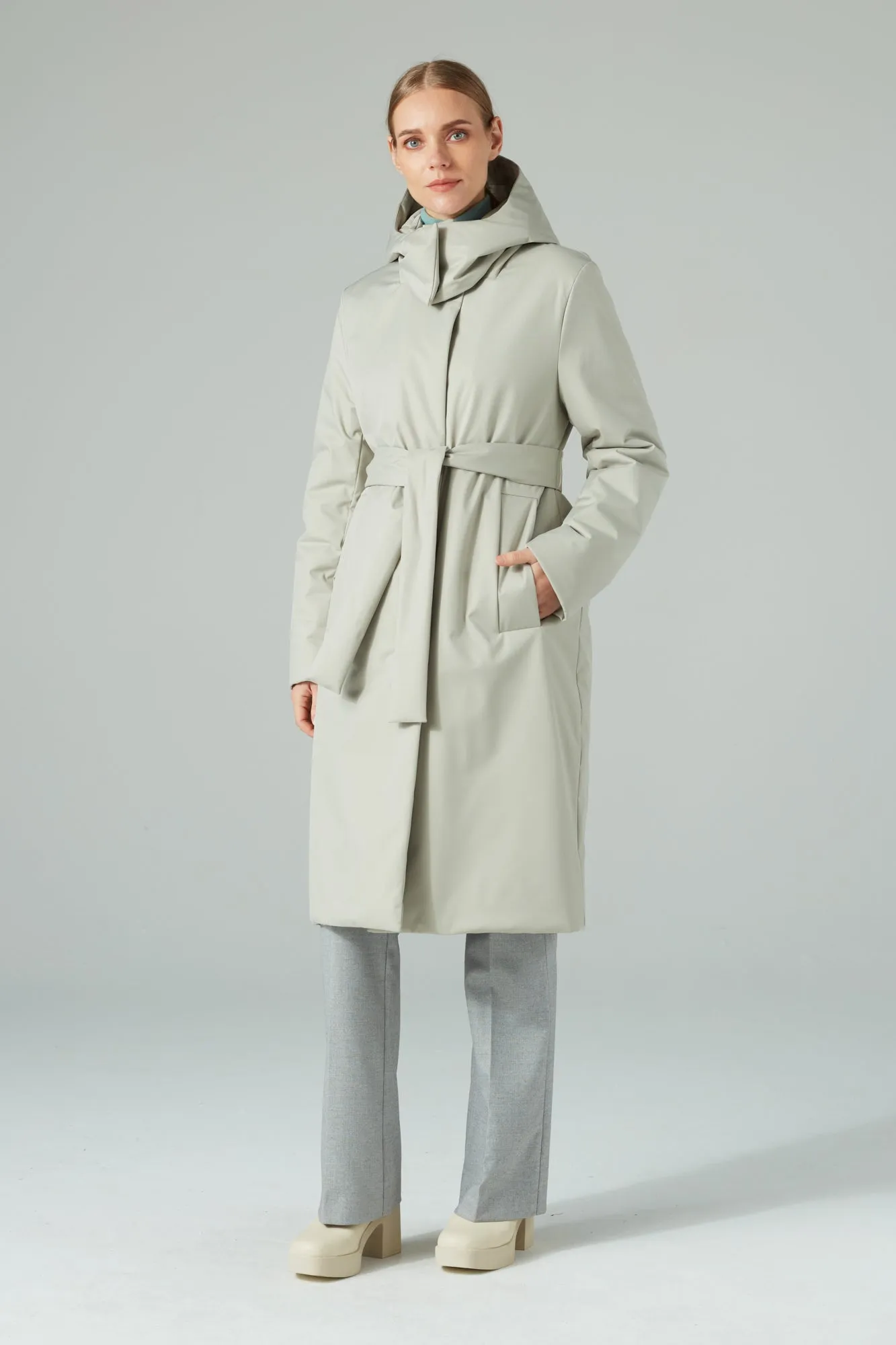 BELTED LONGLINE PADDED COAT WITH A HOOD STONE