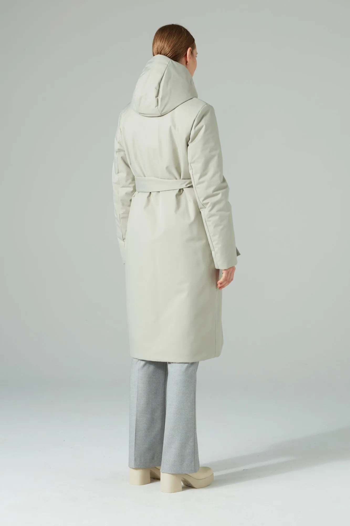 BELTED LONGLINE PADDED COAT WITH A HOOD STONE