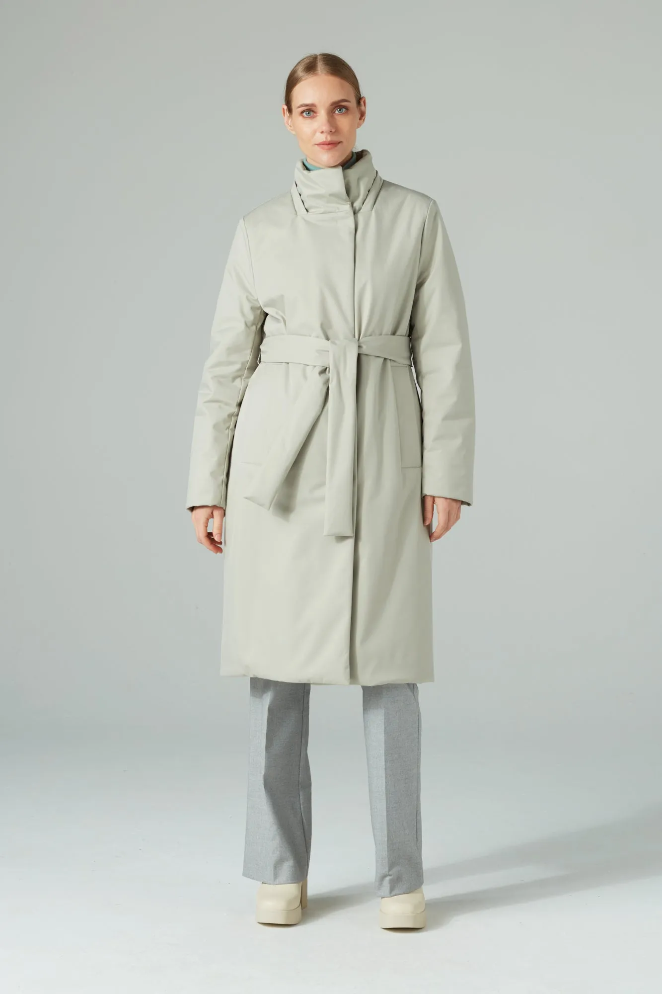 BELTED LONGLINE PADDED COAT WITH A HOOD STONE