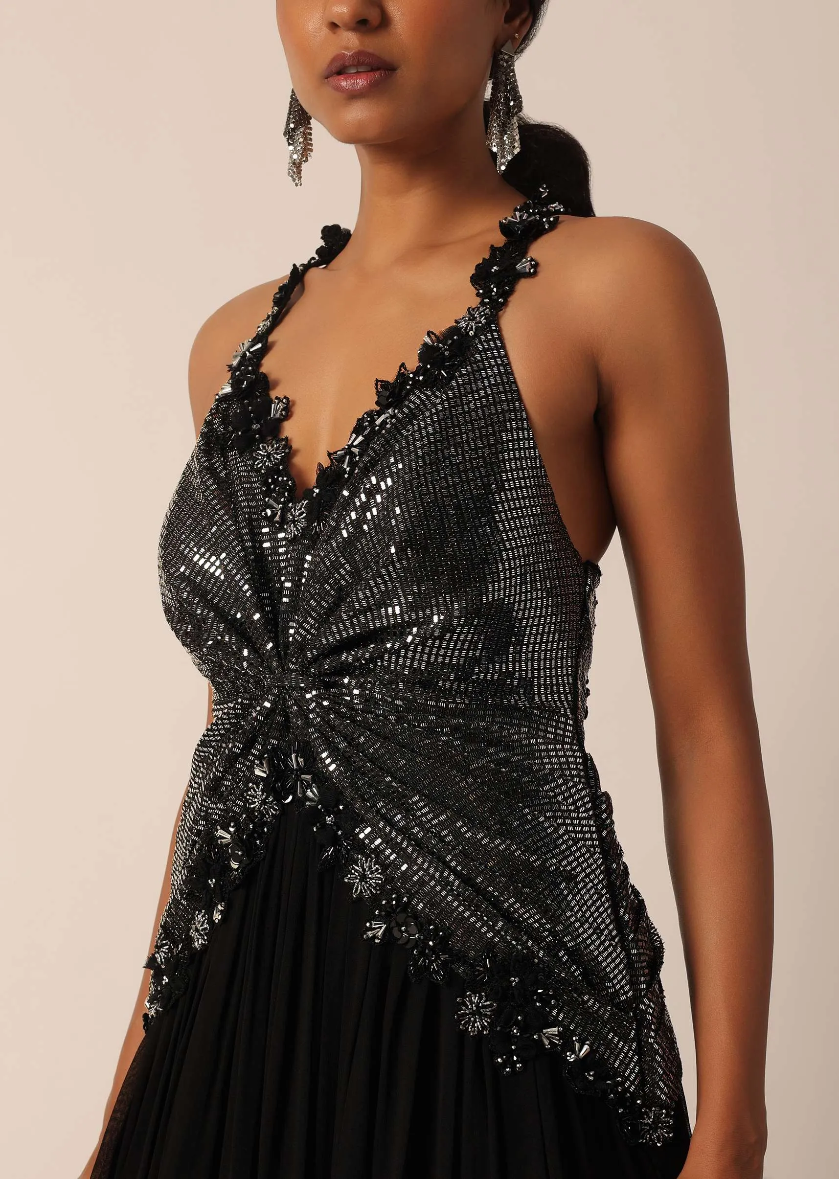 Black Halter Chiffon Gown With Cutdana Work