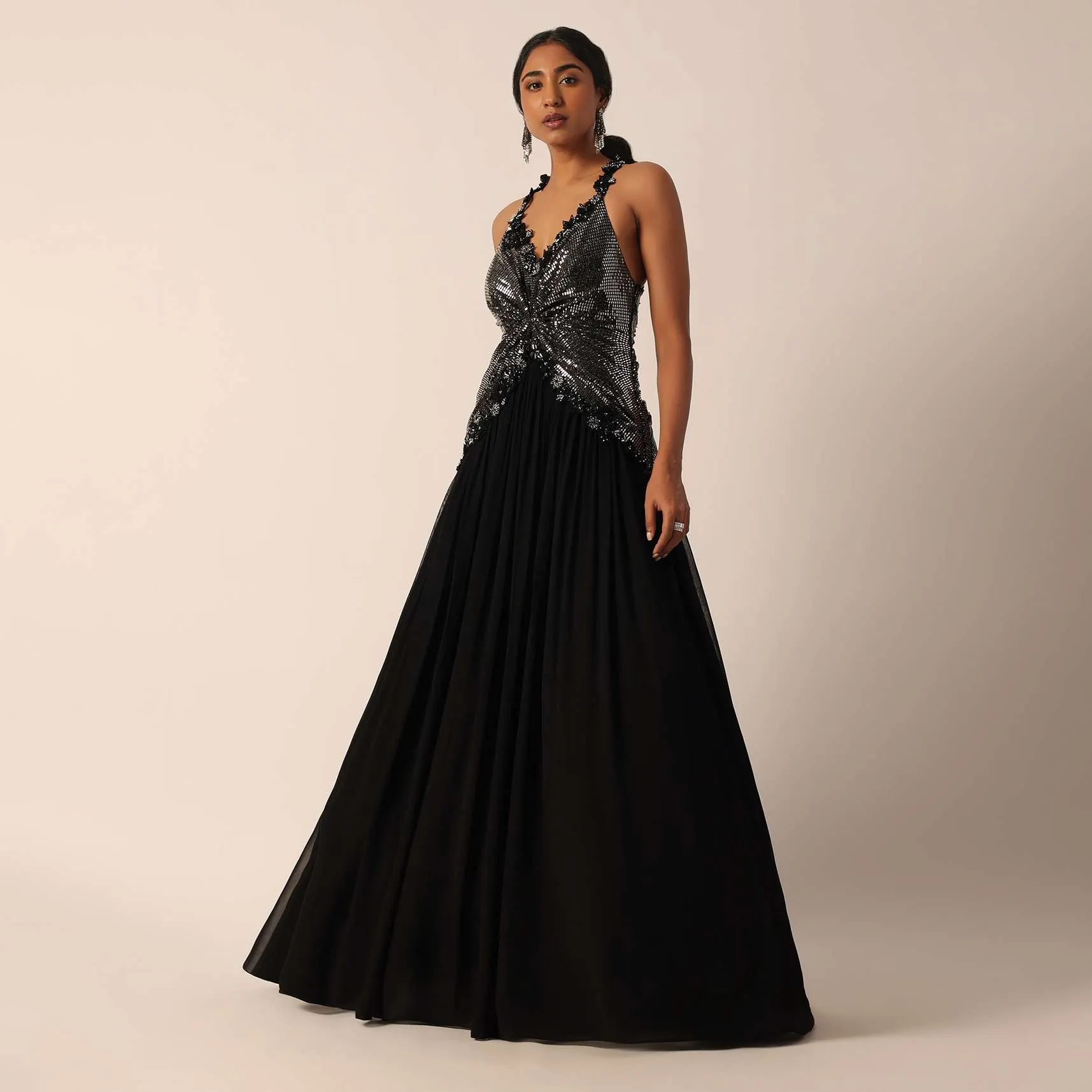 Black Halter Chiffon Gown With Cutdana Work
