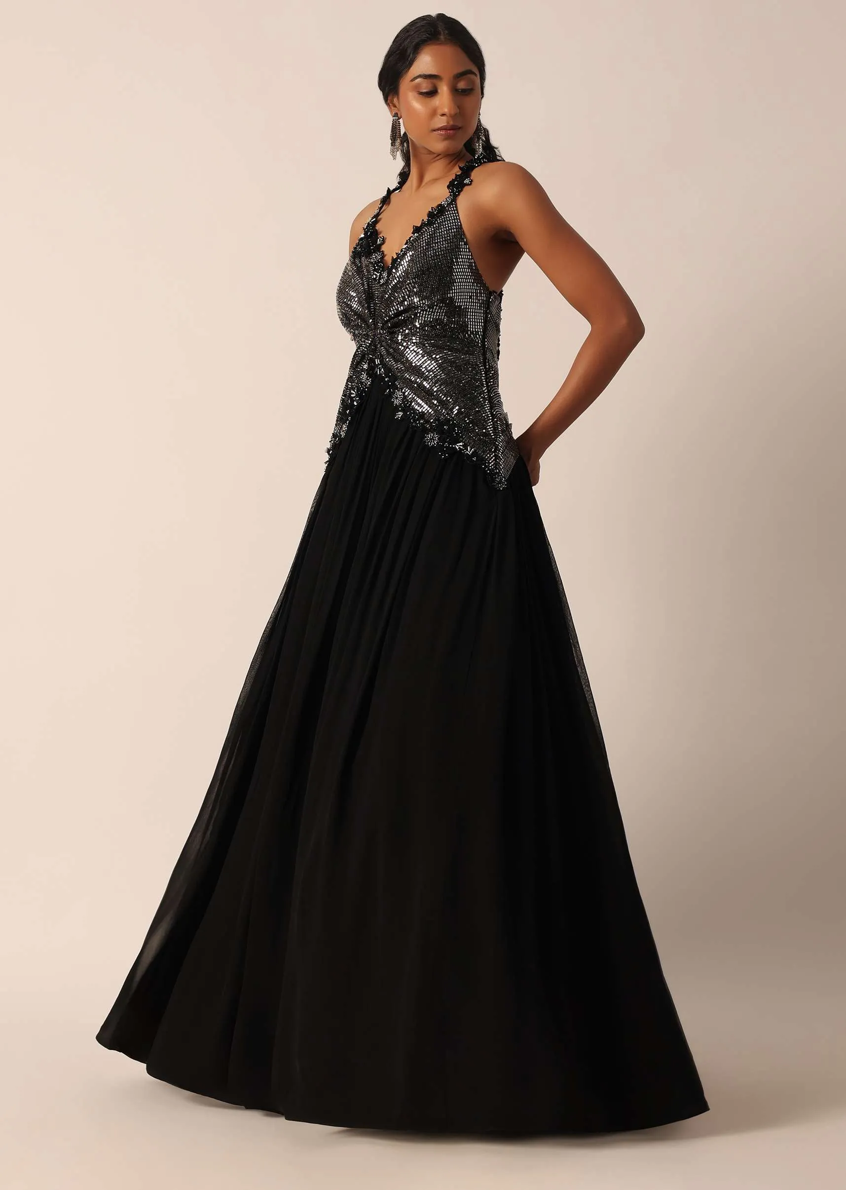 Black Halter Chiffon Gown With Cutdana Work