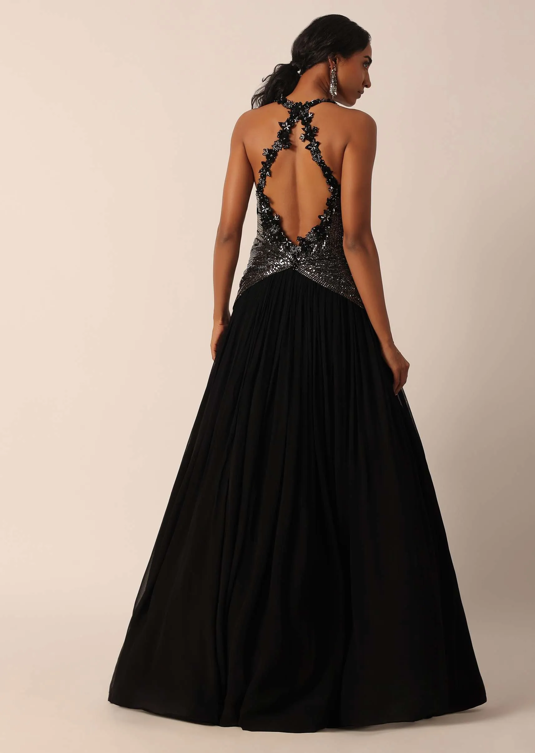 Black Halter Chiffon Gown With Cutdana Work