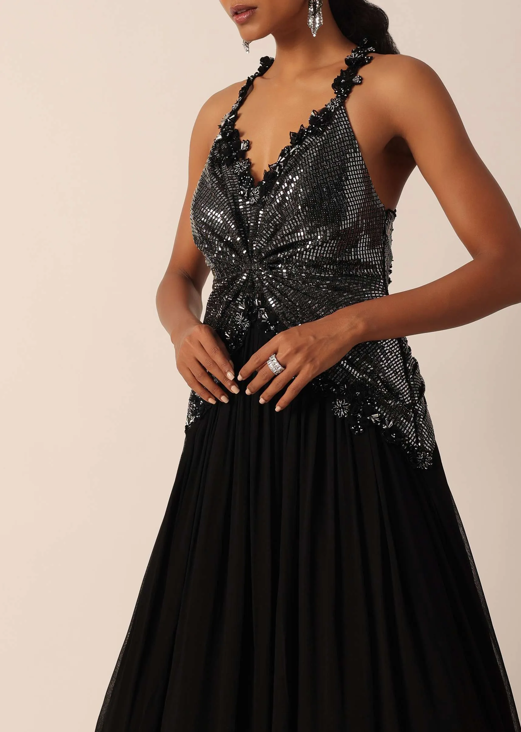 Black Halter Chiffon Gown With Cutdana Work