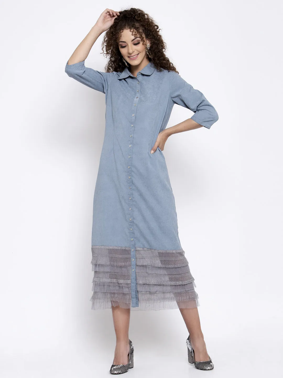 Blue Long Dress With Grey Frill At Bottom