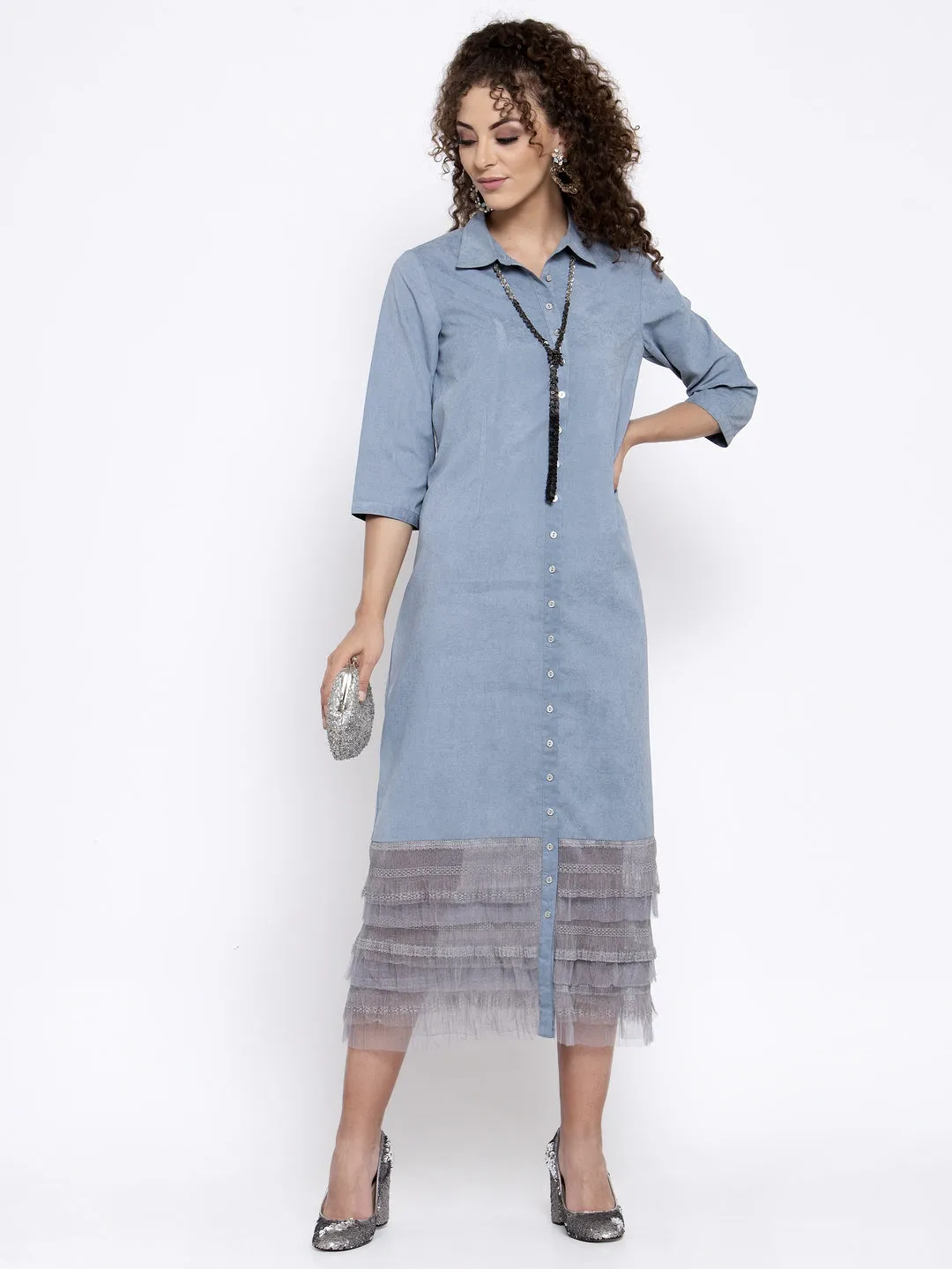 Blue Long Dress With Grey Frill At Bottom