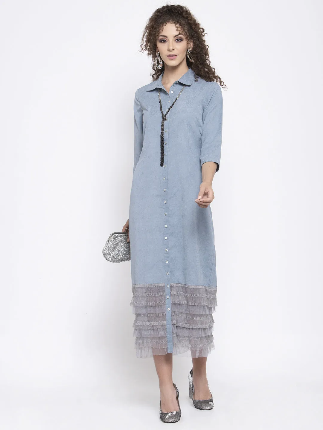 Blue Long Dress With Grey Frill At Bottom
