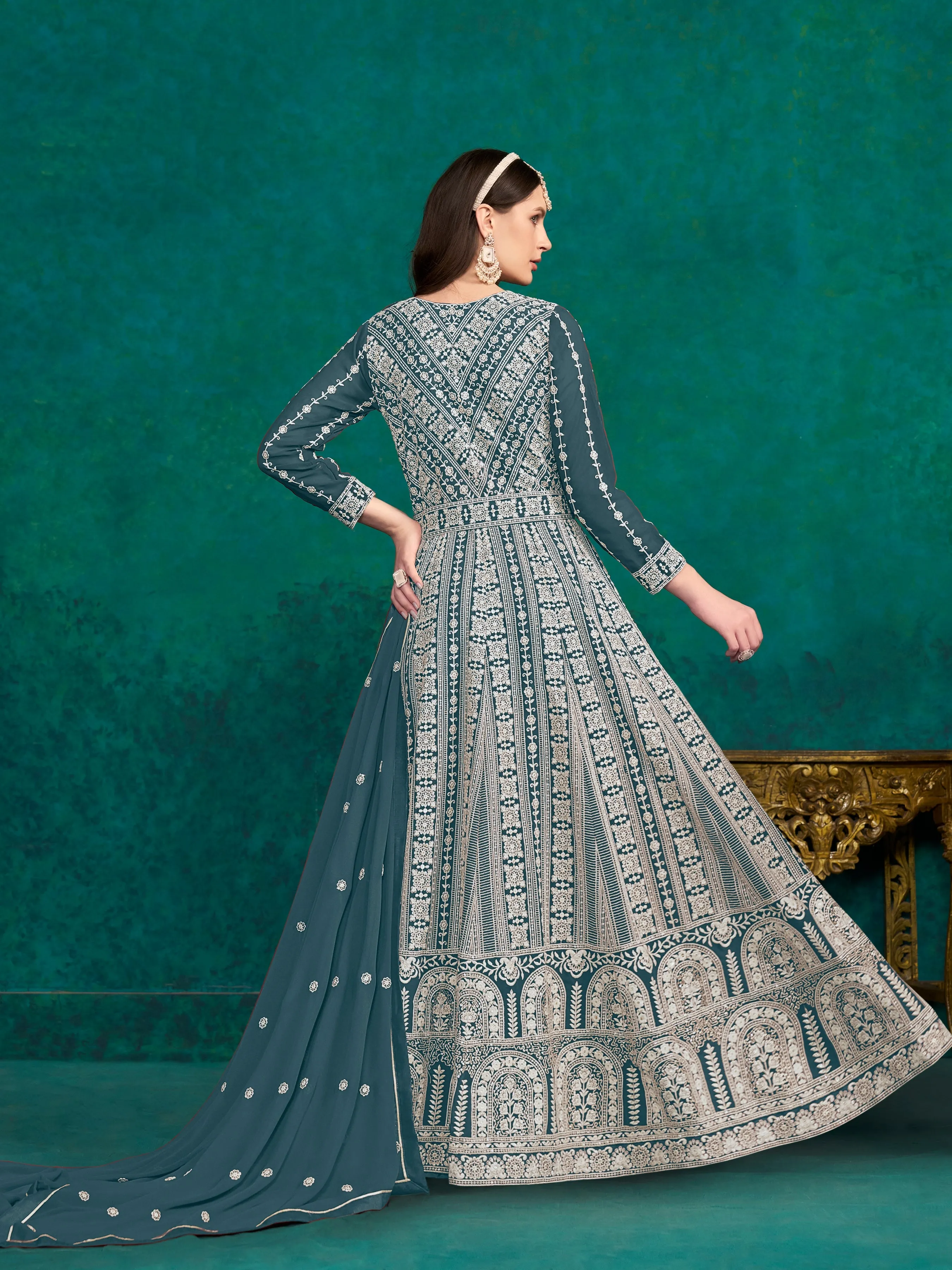 Blue Pure Georgette Long Floor Length Embroidered Work Readymade Gown
