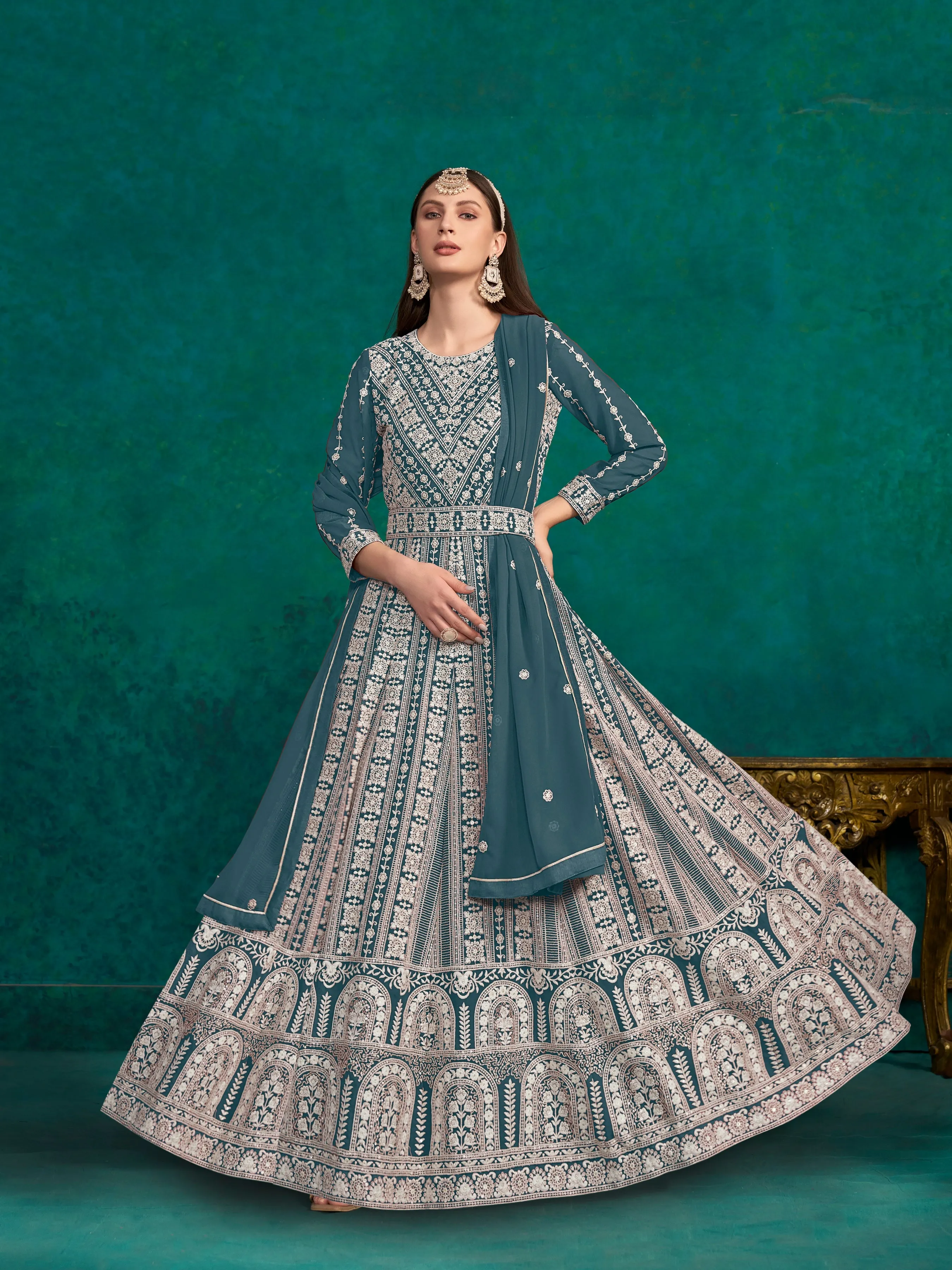 Blue Pure Georgette Long Floor Length Embroidered Work Readymade Gown