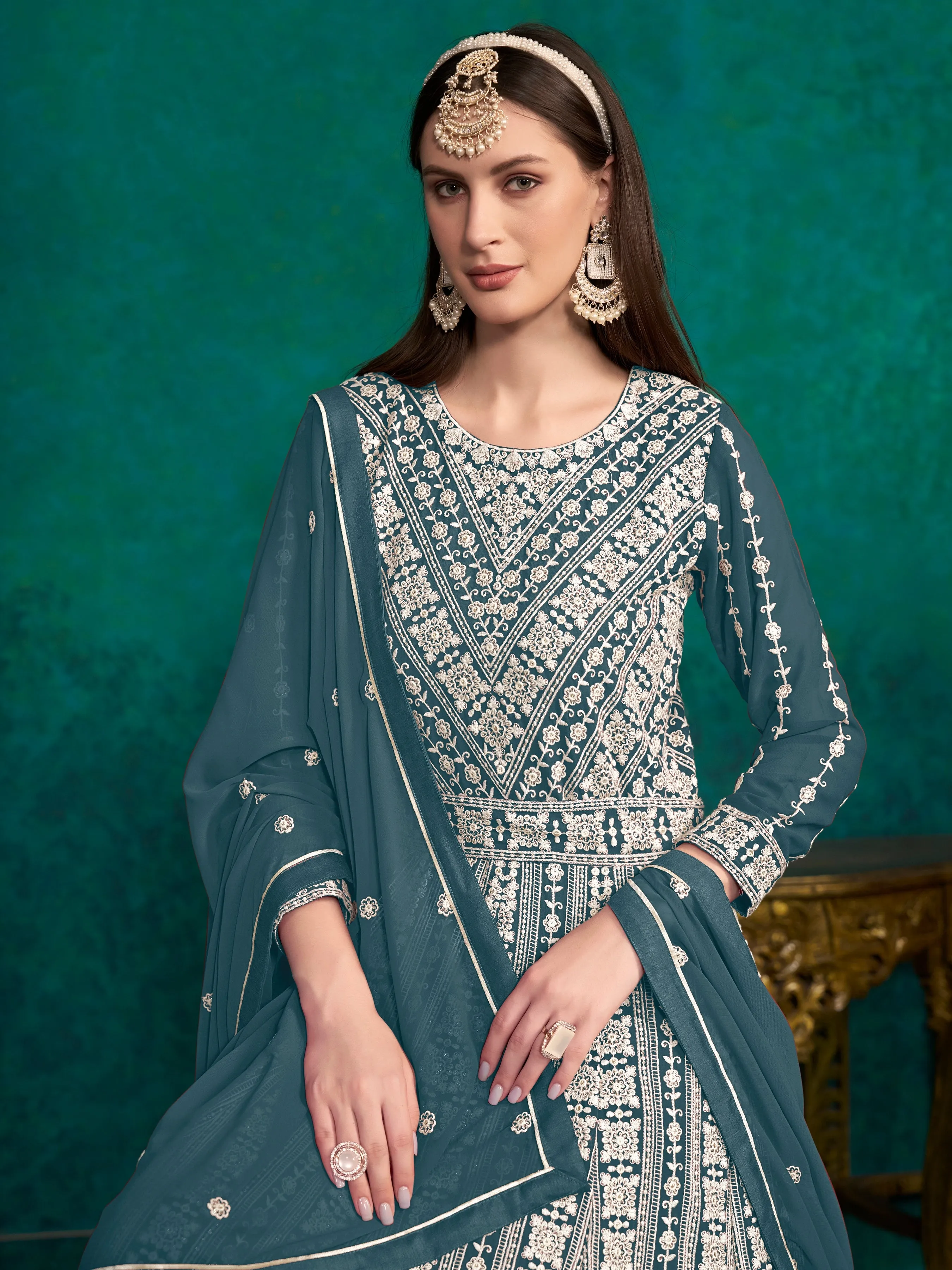 Blue Pure Georgette Long Floor Length Embroidered Work Readymade Gown