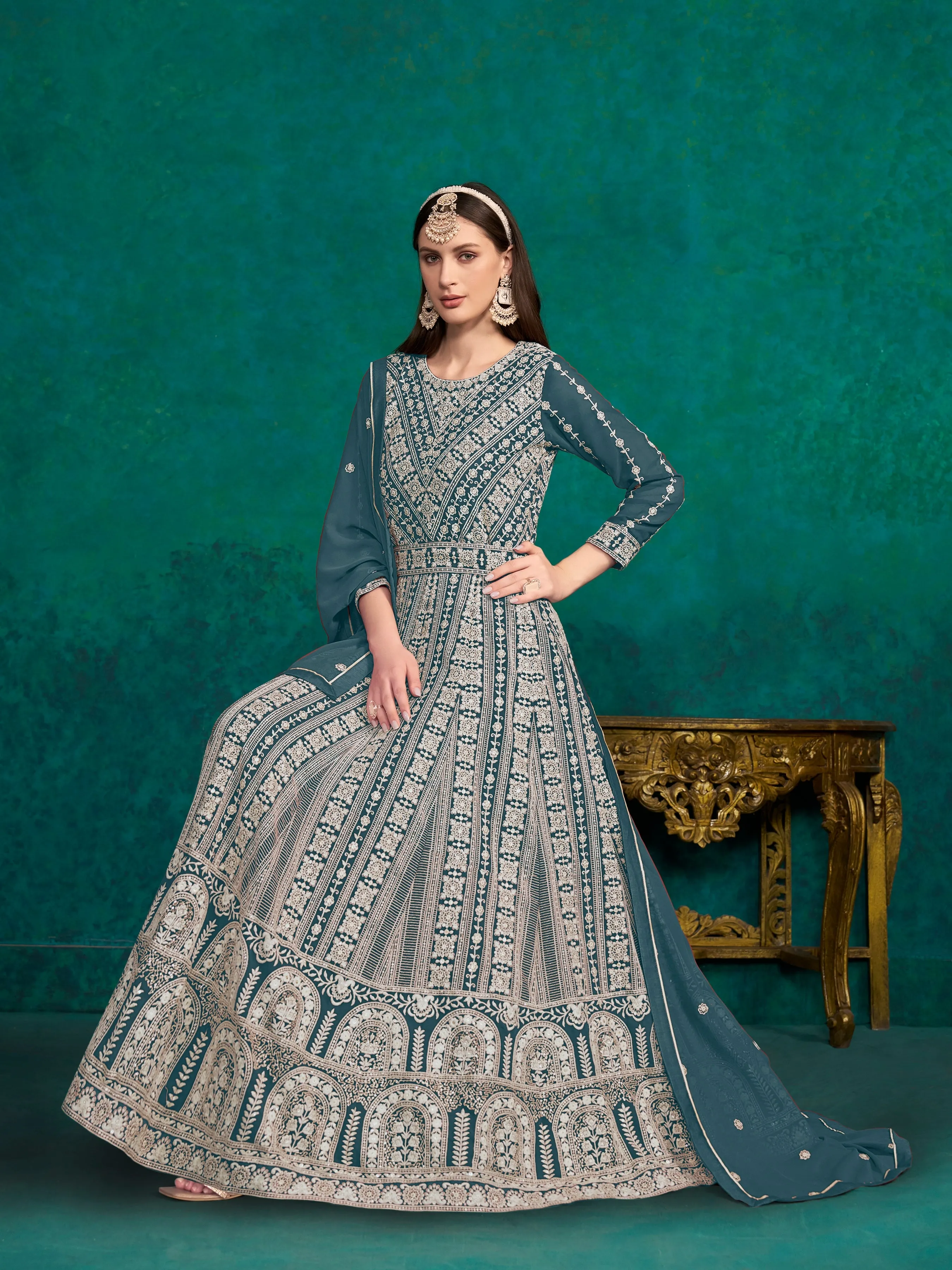 Blue Pure Georgette Long Floor Length Embroidered Work Readymade Gown