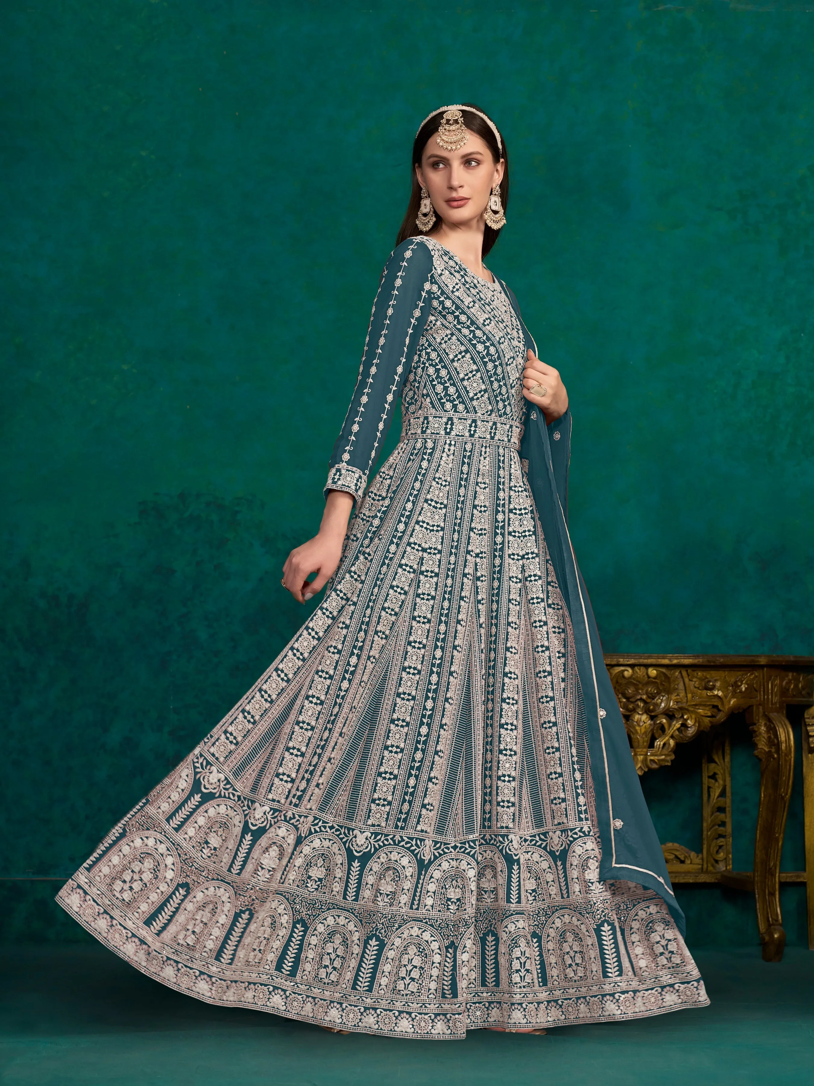 Blue Pure Georgette Long Floor Length Embroidered Work Readymade Gown