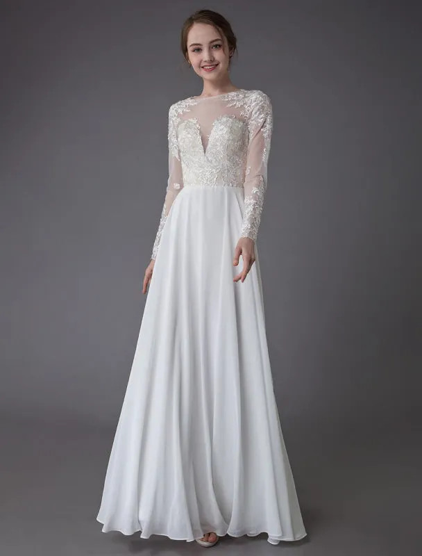 Boho Wedding Dresses Chiffon Jewel Long Sleeve Pleated A Line Beach Bridal Gowns Exclusive