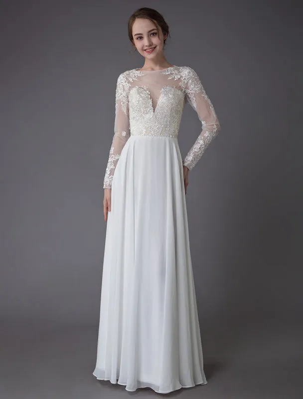 Boho Wedding Dresses Chiffon Jewel Long Sleeve Pleated A Line Beach Bridal Gowns Exclusive