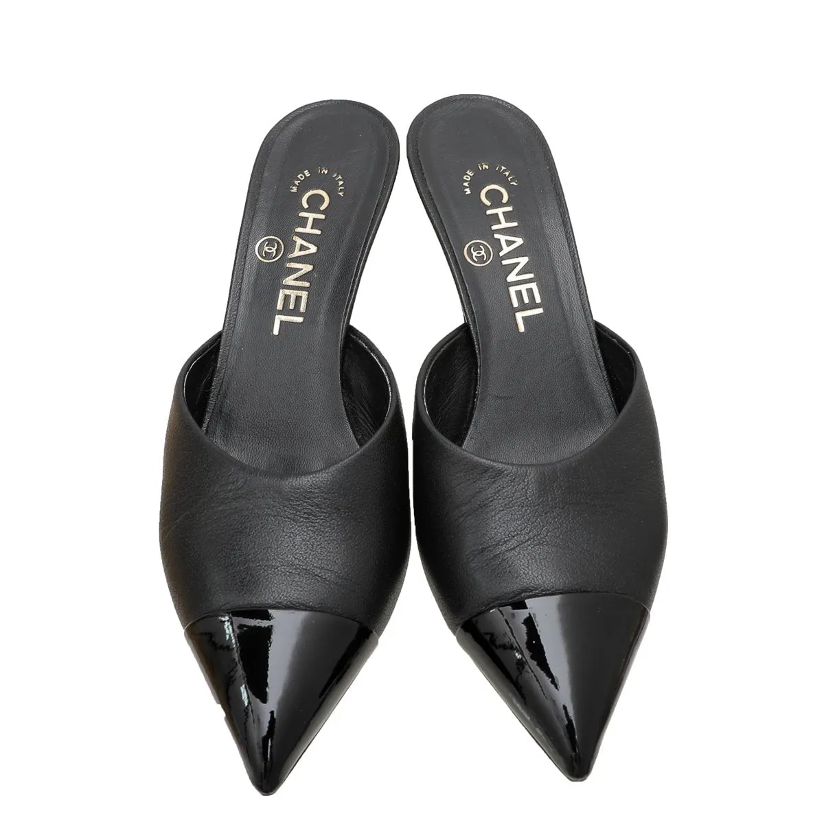 Chanel Black CC Cap Toe Pearl Heel Mules 36