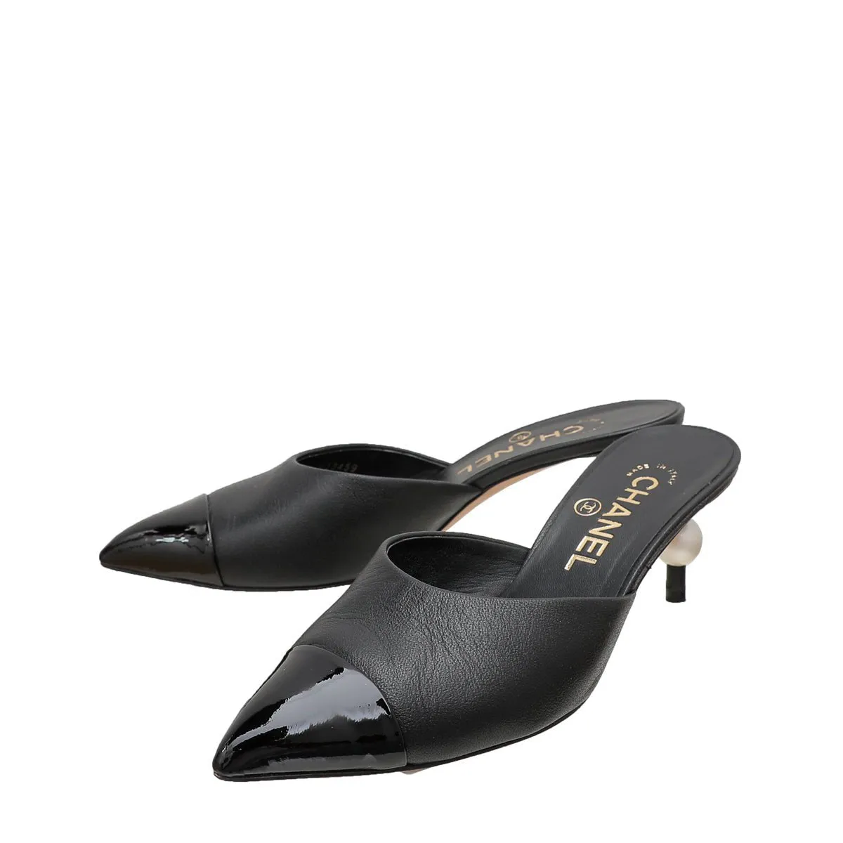 Chanel Black CC Cap Toe Pearl Heel Mules 36