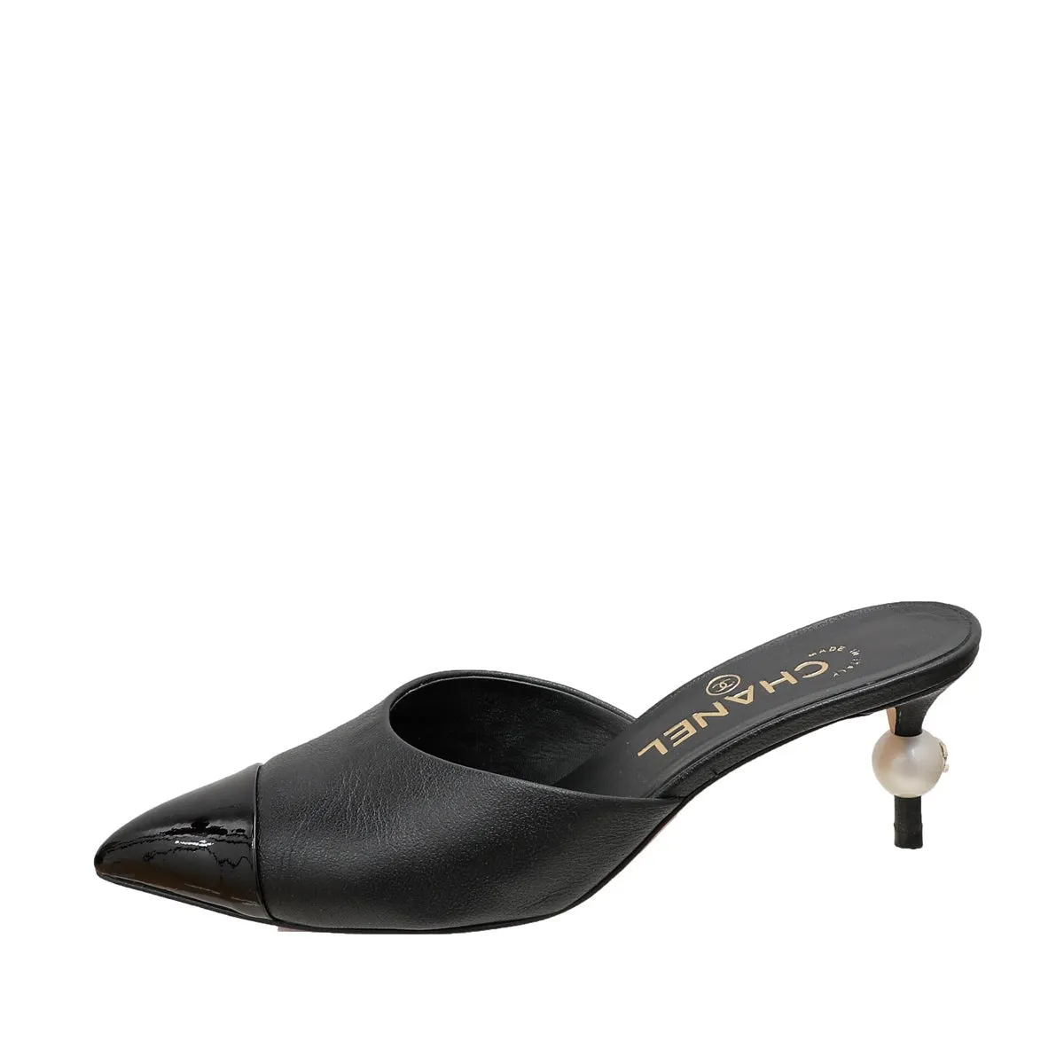 Chanel Black CC Cap Toe Pearl Heel Mules 36