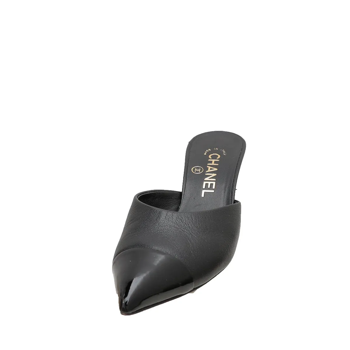 Chanel Black CC Cap Toe Pearl Heel Mules 36