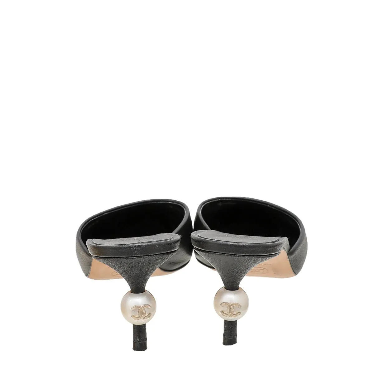 Chanel Black CC Cap Toe Pearl Heel Mules 36