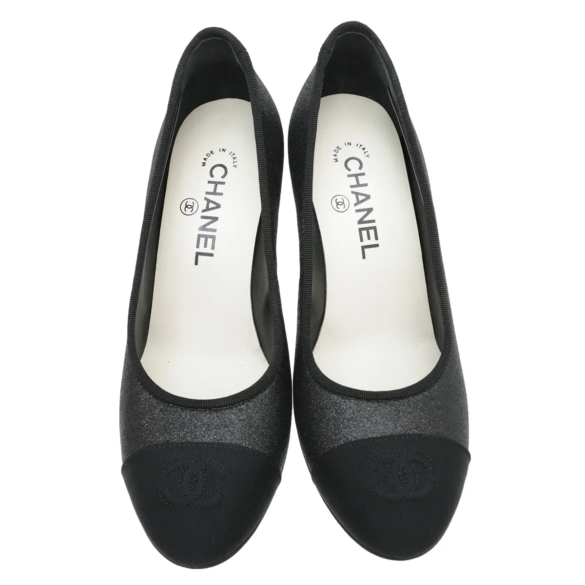 Chanel Black CC Glitter Grosgrain Cap Toe Logo Pumps 37