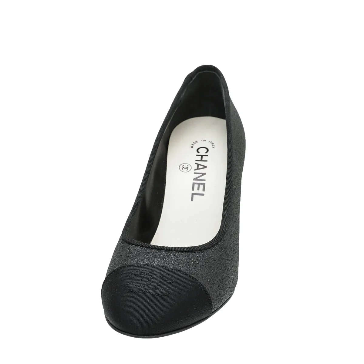 Chanel Black CC Glitter Grosgrain Cap Toe Logo Pumps 37