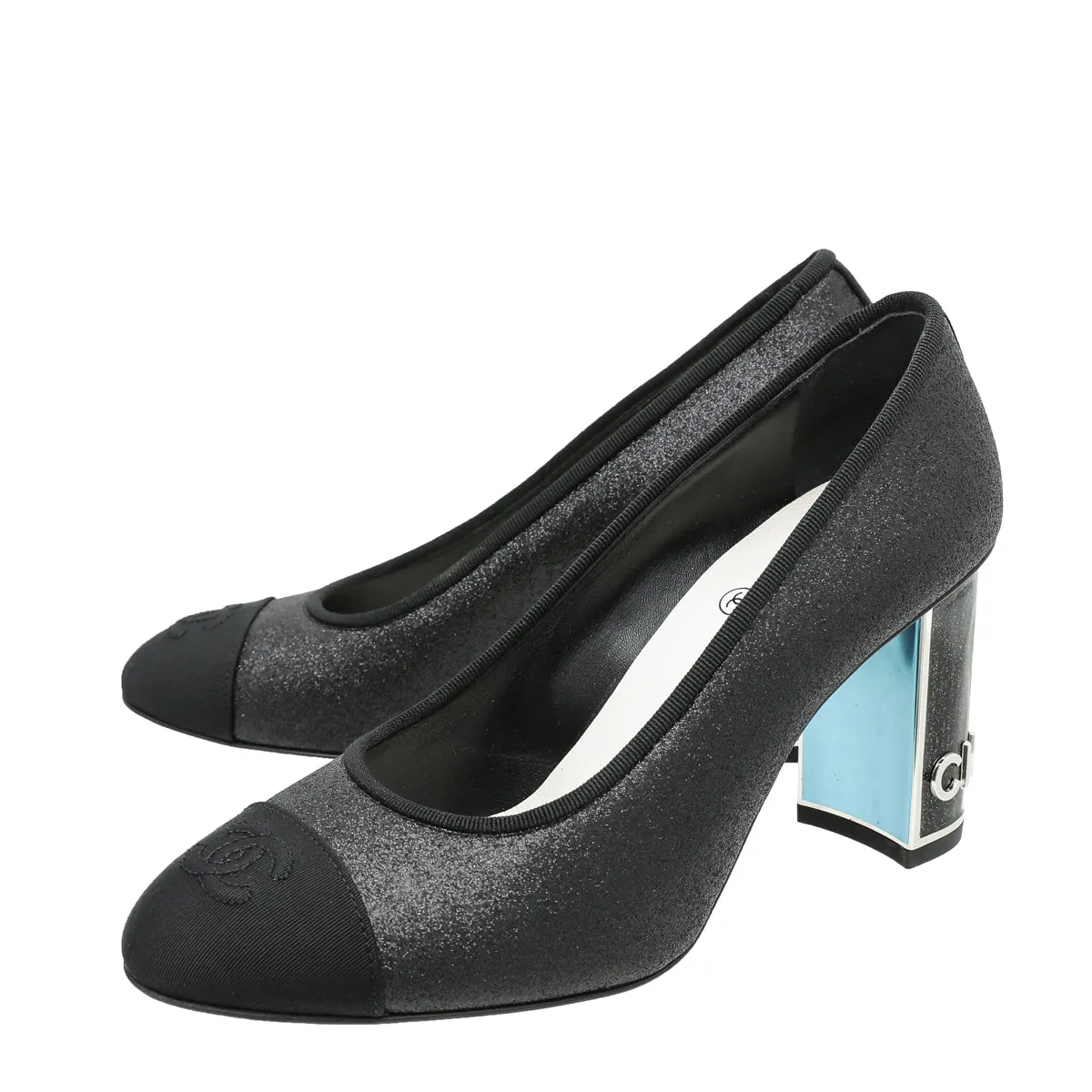 Chanel Black CC Glitter Grosgrain Cap Toe Logo Pumps 37
