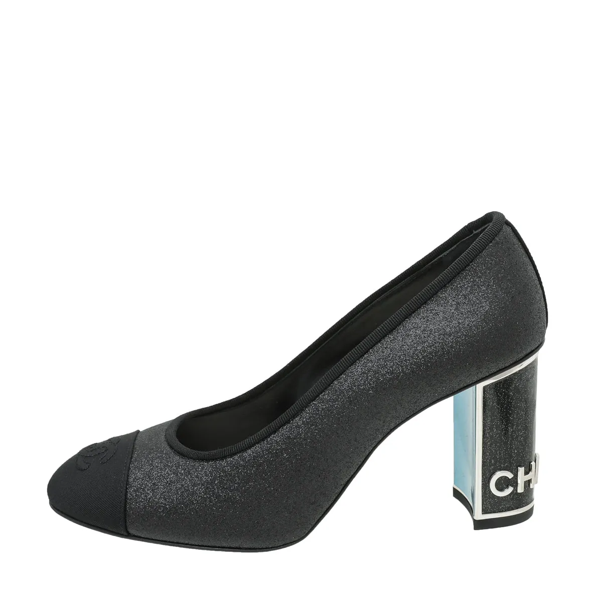 Chanel Black CC Glitter Grosgrain Cap Toe Logo Pumps 37