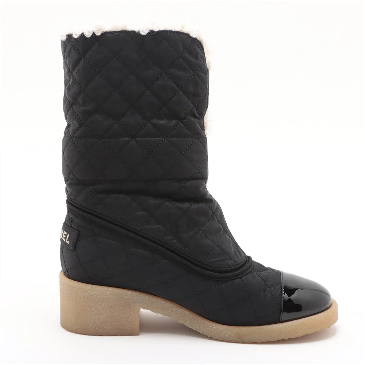 Chanel Coco Patent Leather X Fabric Short Boots 36  Black G36702 Double Turn Locks Insol Wool