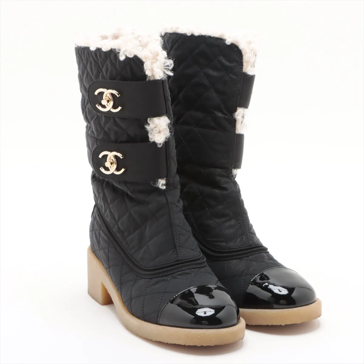 Chanel Coco Patent Leather X Fabric Short Boots 36  Black G36702 Double Turn Locks Insol Wool