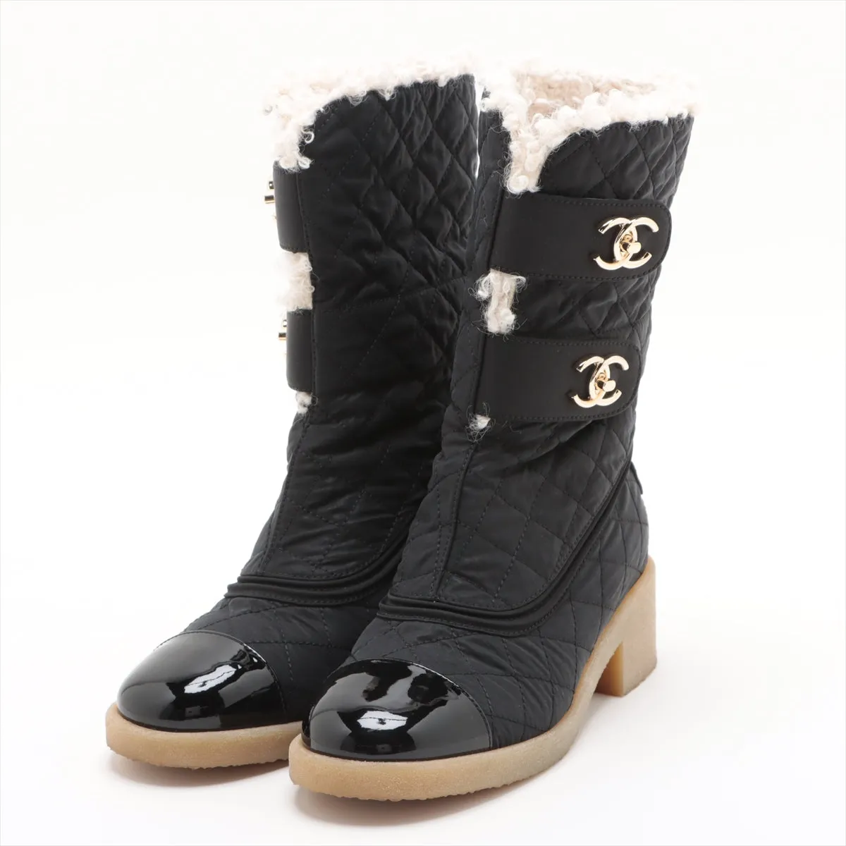 Chanel Coco Patent Leather X Fabric Short Boots 36  Black G36702 Double Turn Locks Insol Wool