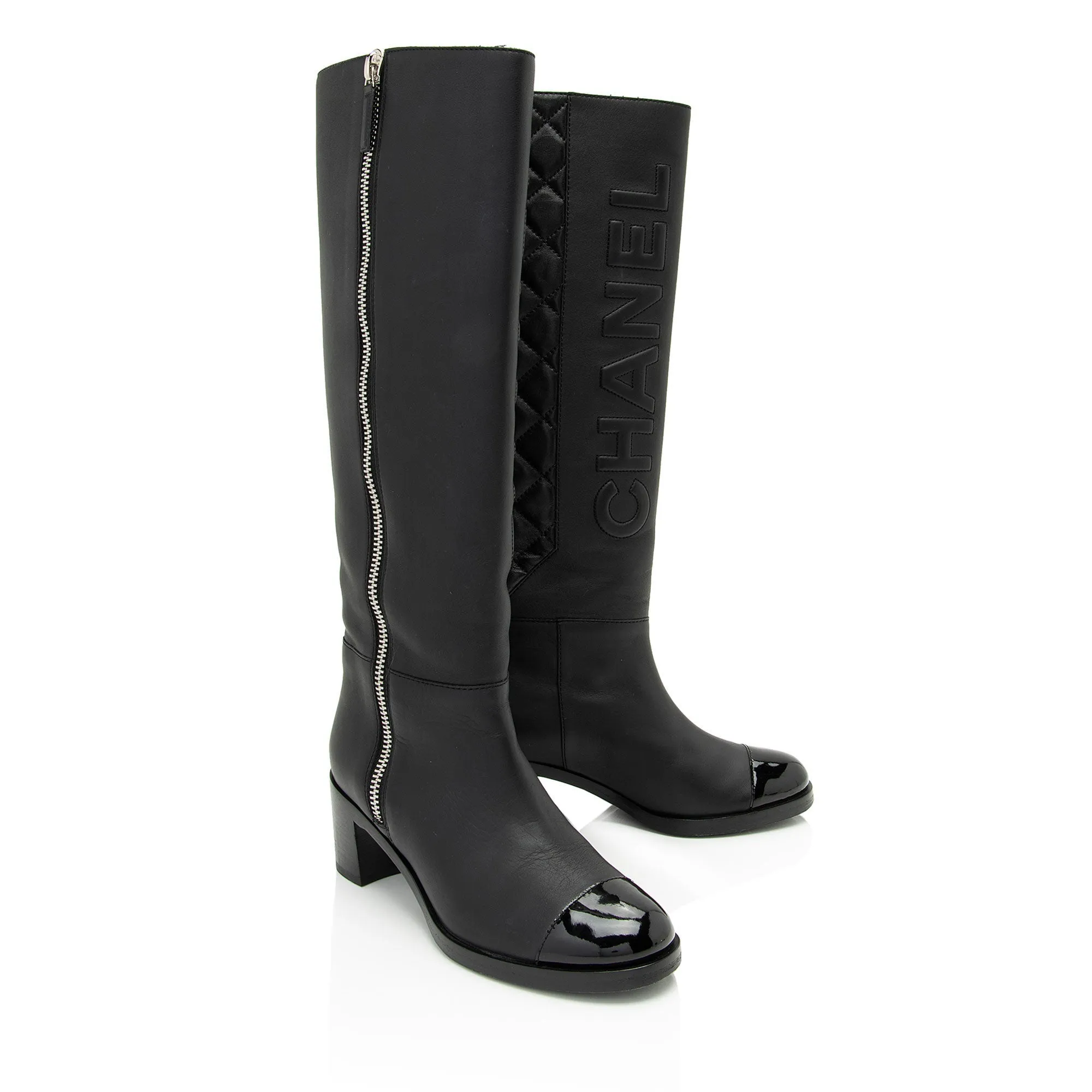 Chanel Quilted Calfskin Patent Leather Cap Toe Logo Boots - Size 7 / 37 (SHF-1bljRC)