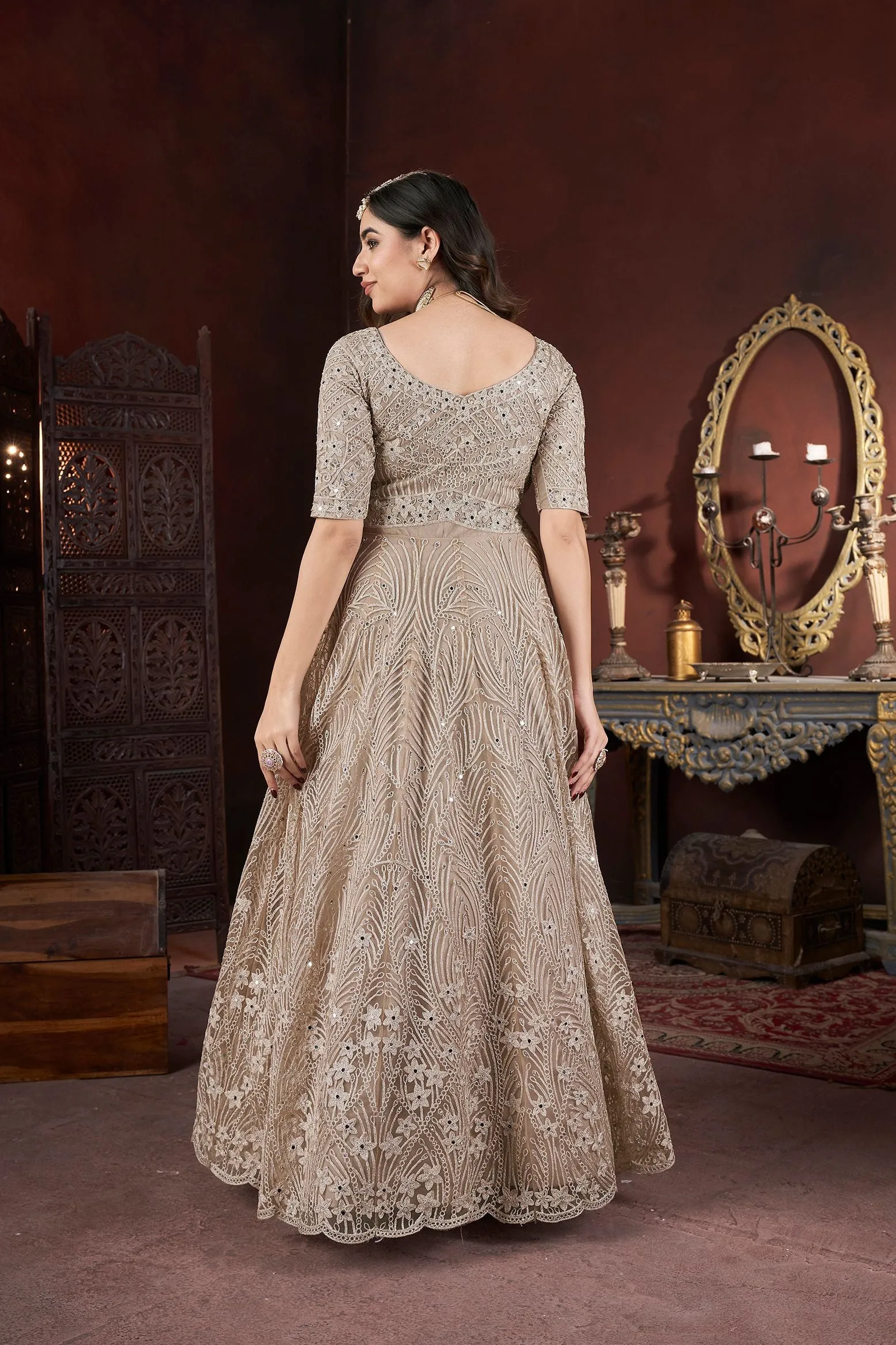 Chiku Colour Pure Soft Net Long Floor Length Embroidered Work Readymade Gown
