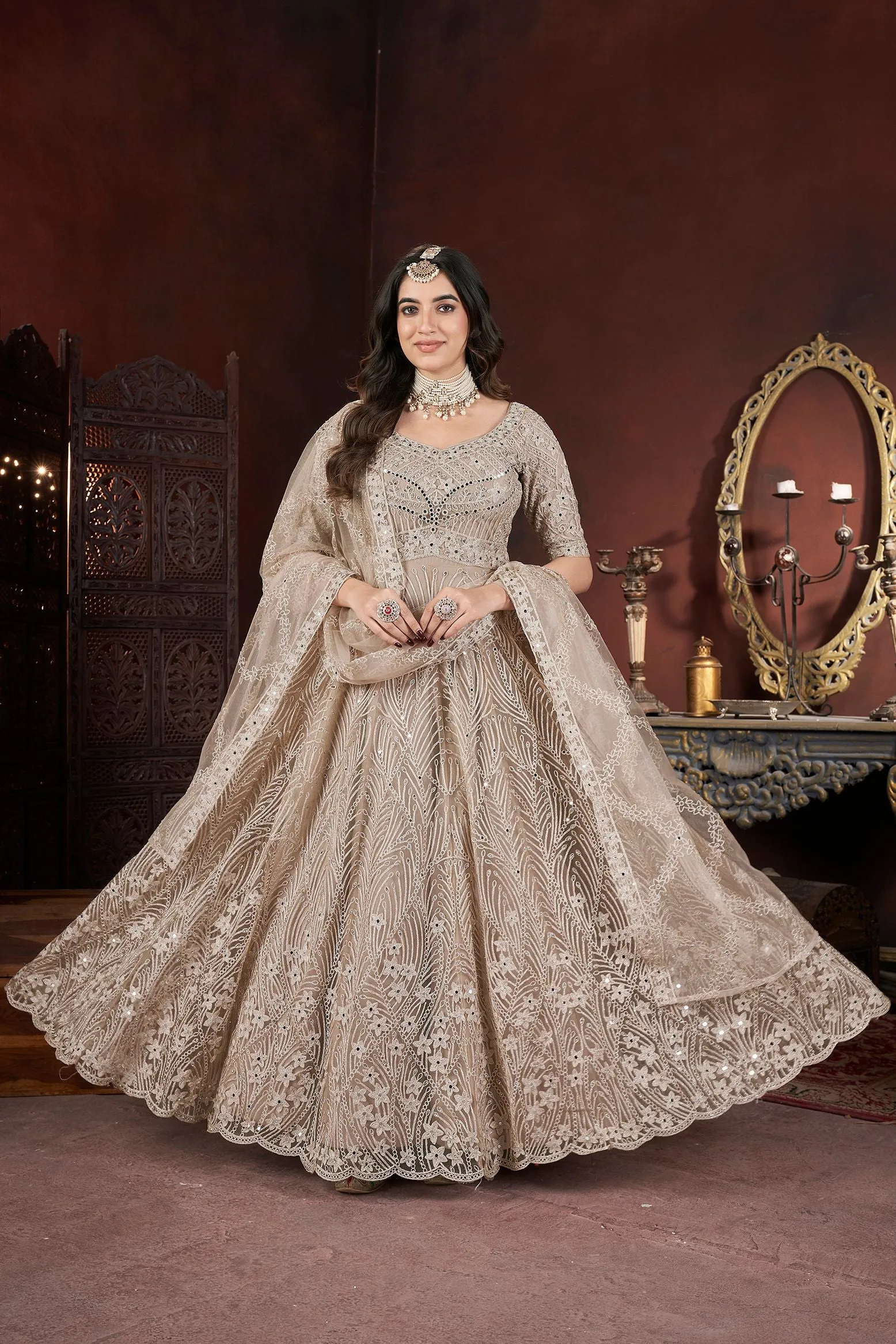 Chiku Colour Pure Soft Net Long Floor Length Embroidered Work Readymade Gown