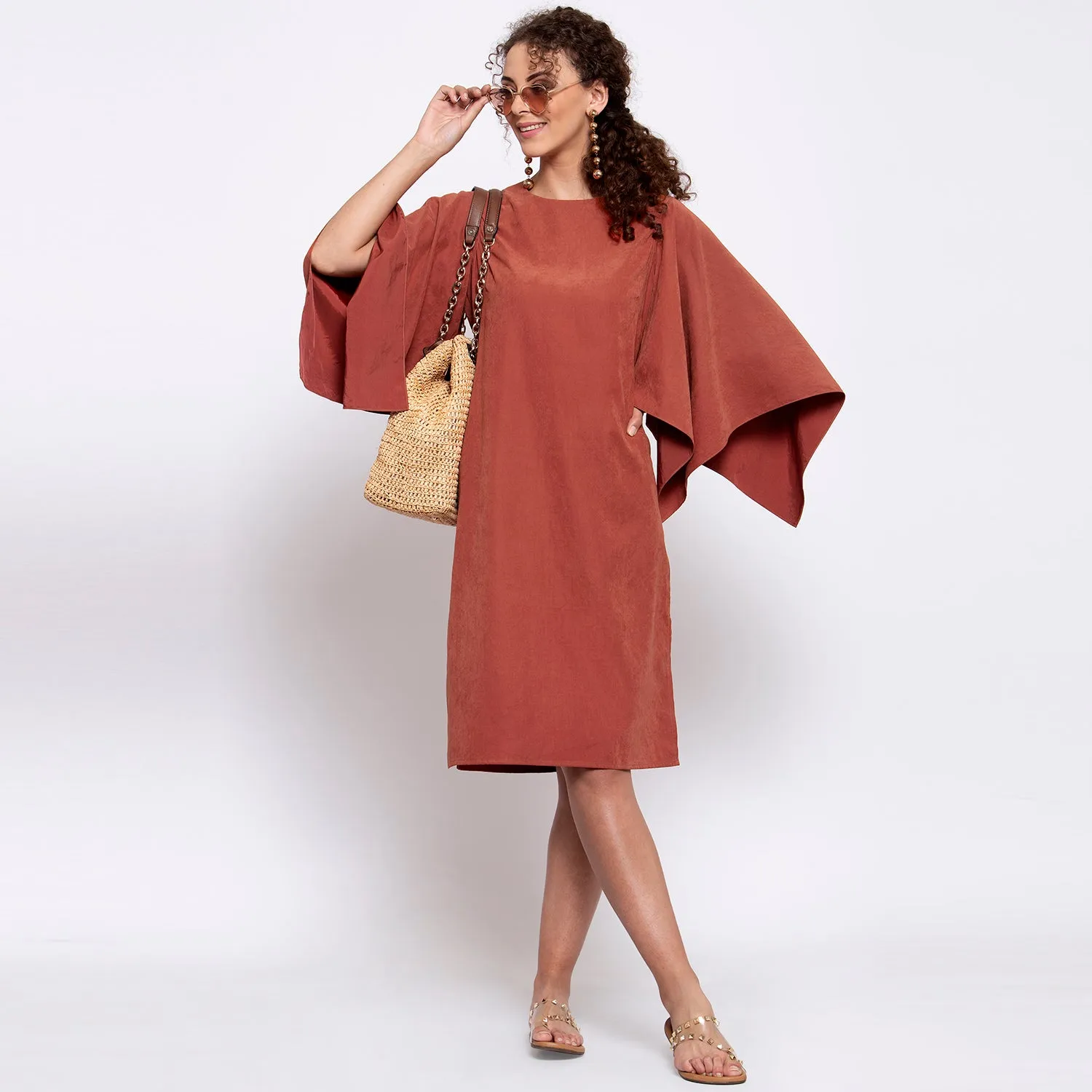 Deep Rust Dress With Hanky Sleeve