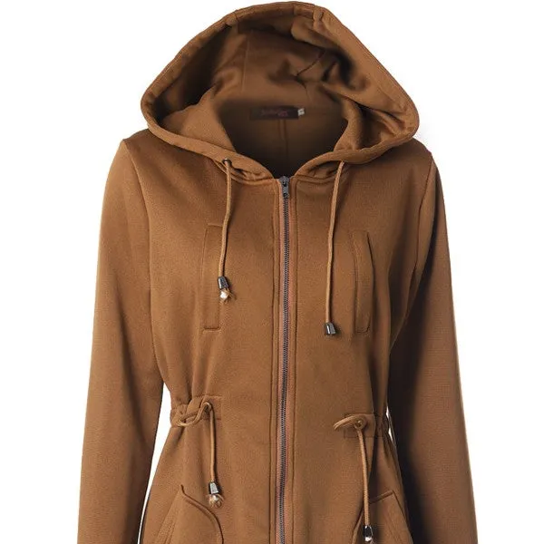 Drawstring Waist Longline Pockets Hooded Jacket